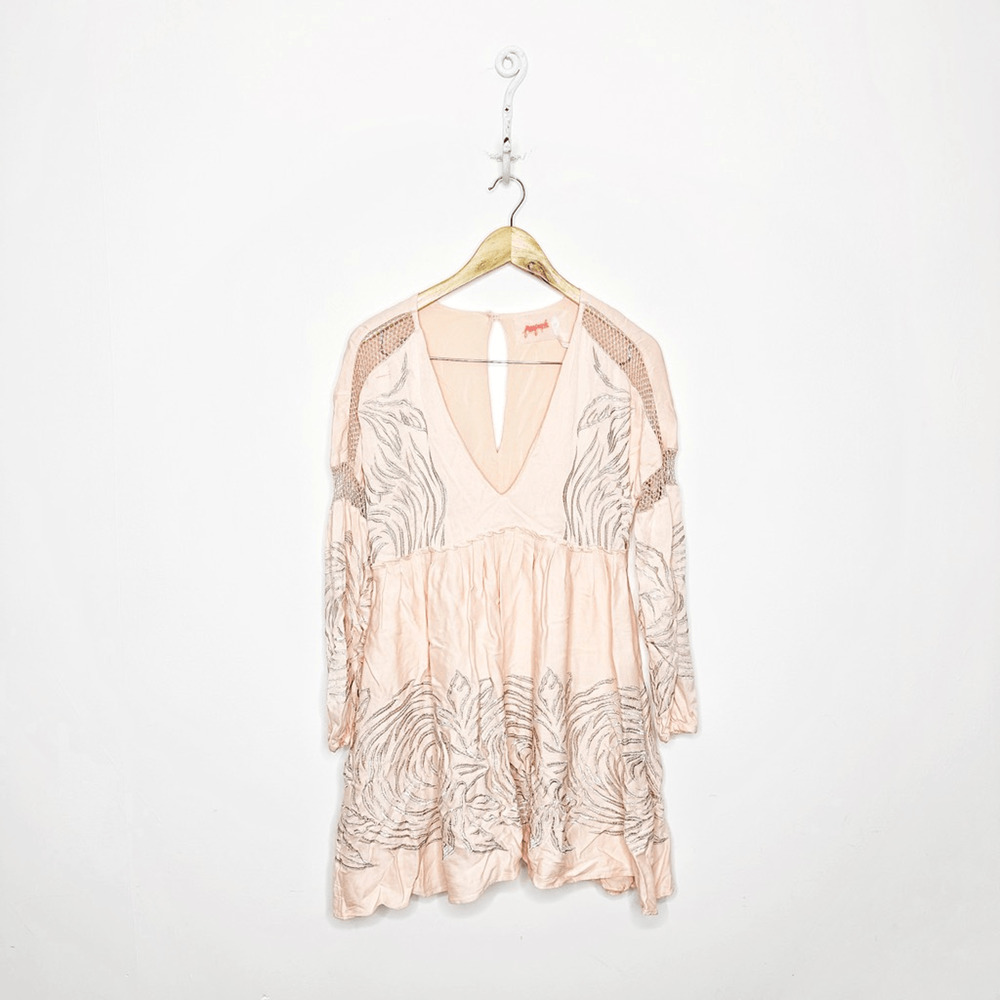 FREE PEOPLE Starlight Mini Dress Light pink embroidered long sleeve women's XS